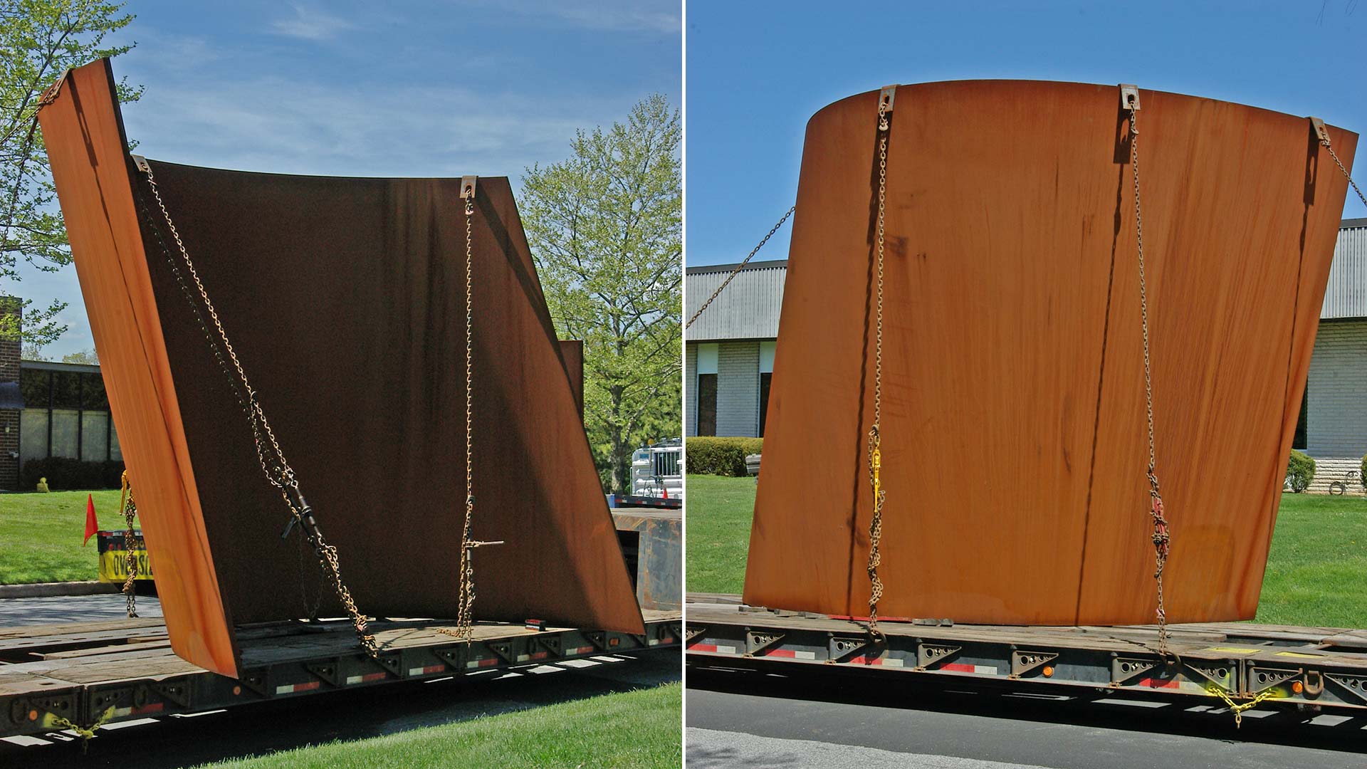 image of a segment of Richard Serra's sculpture on flatbed truck