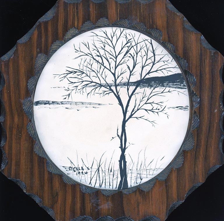 image of a pen & ink drawing of a tree by the river