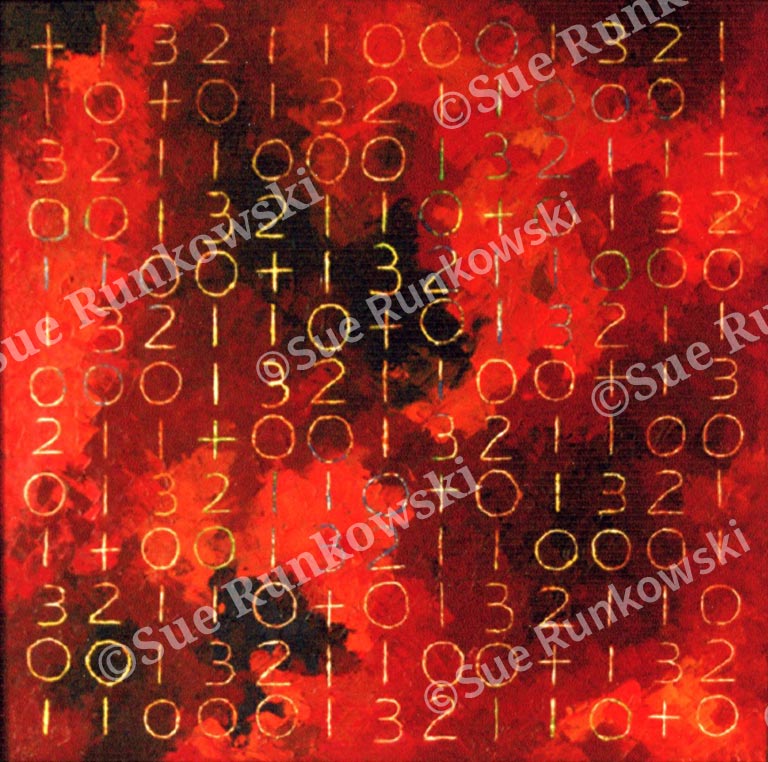 image of a painting in red with numbers scratched into the surface