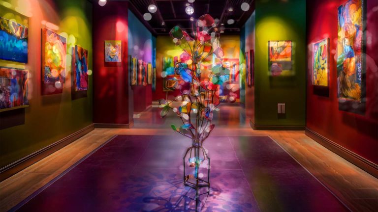 image of a fantasy art gallery with paintings and sculptures