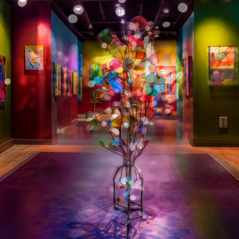 image of a fantasy art gallery with paintings and sculptures