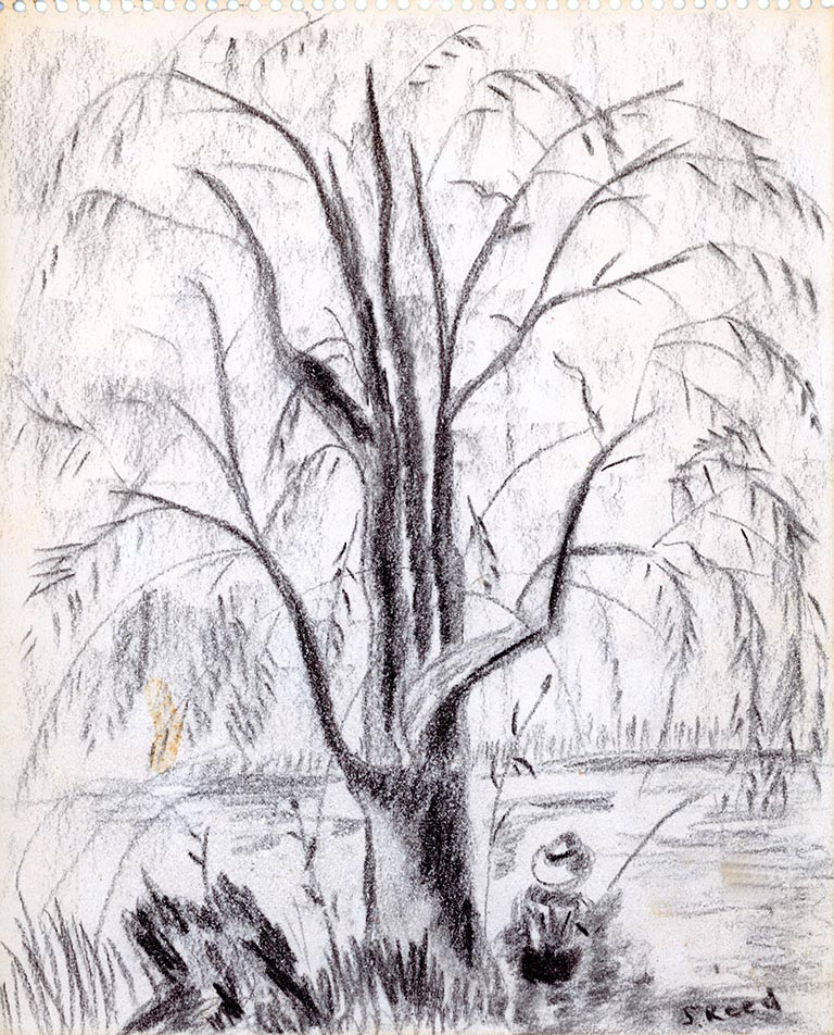 image of a charcoal pencil sketch of a tree by the river