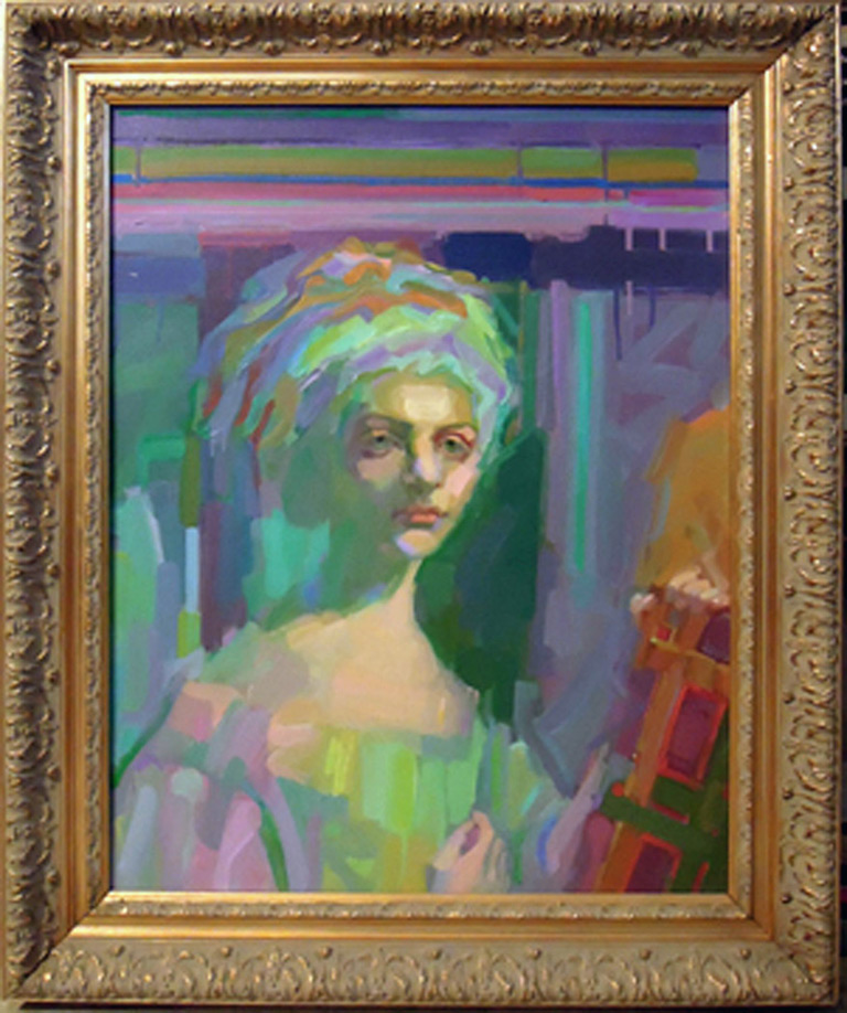 image of an oil painting portrait of a young woman with a towel on her head