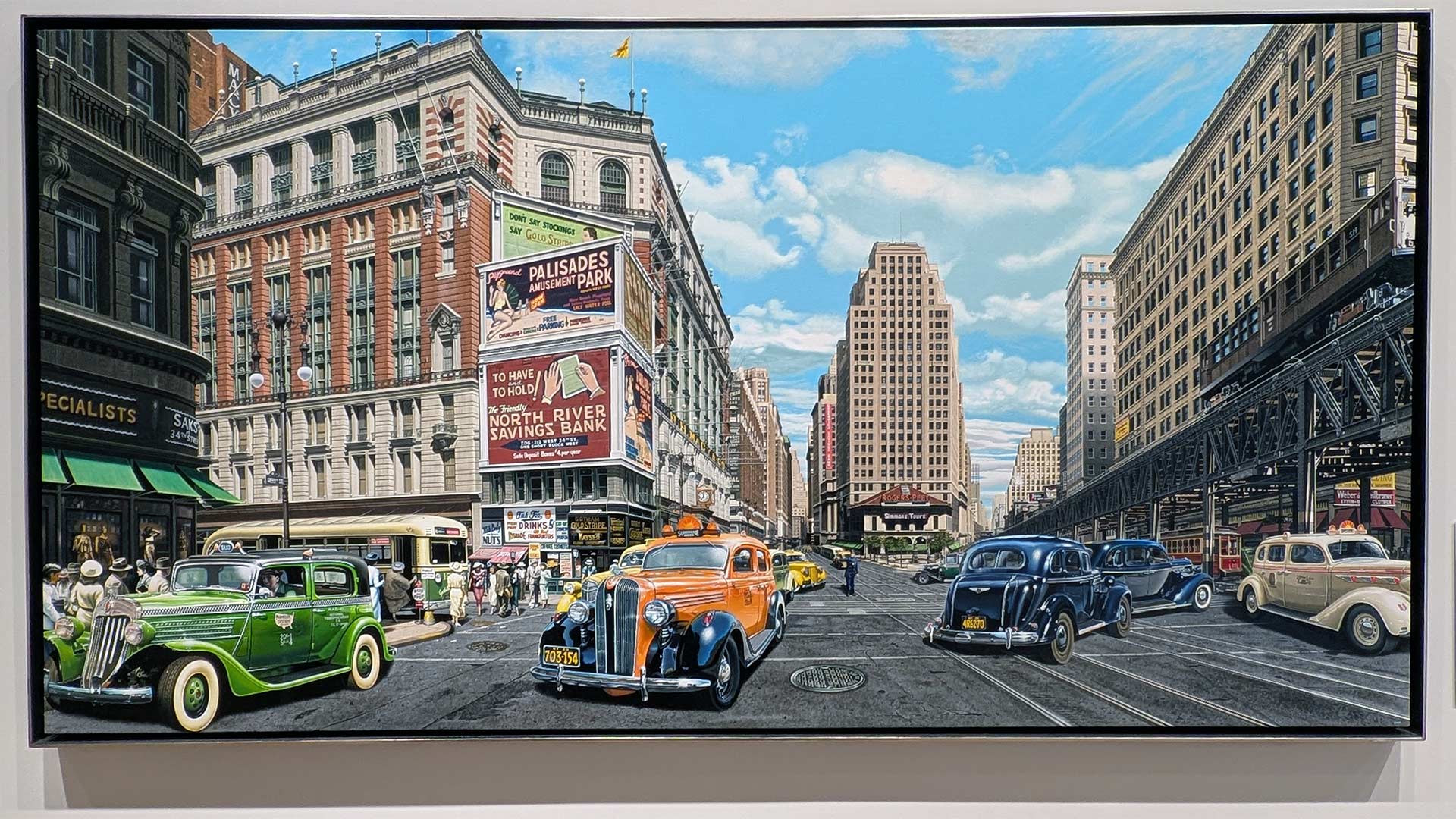 image of a photo realistic oil painting of Herald Square NYC circa 1936