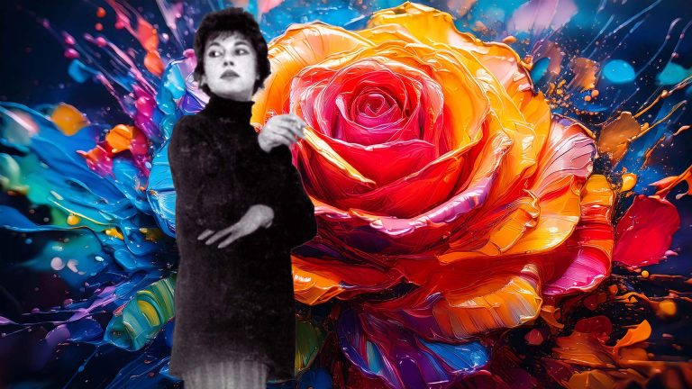 image of artist Jay Defeo standing in front of a rose created with thick oil paint