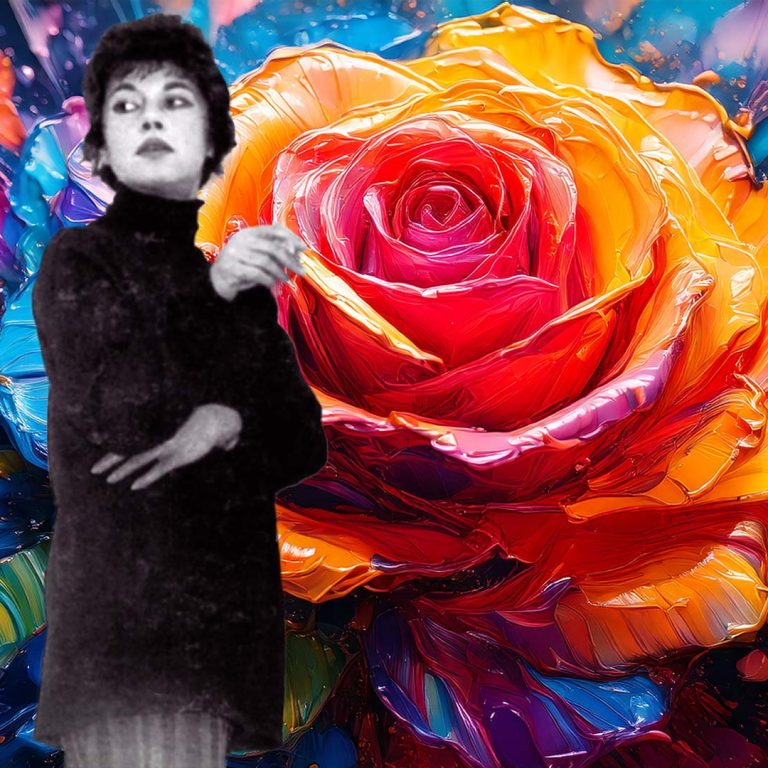 image of artist Jay Defeo standing in front of a rose created with thick oil paint