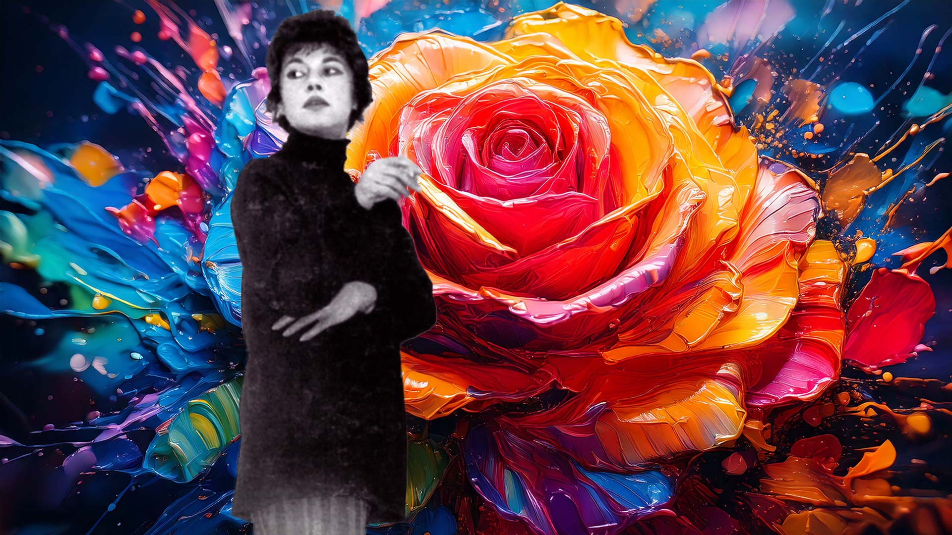image of artist Jay Defeo standing in front of a rose created with thick oil paint