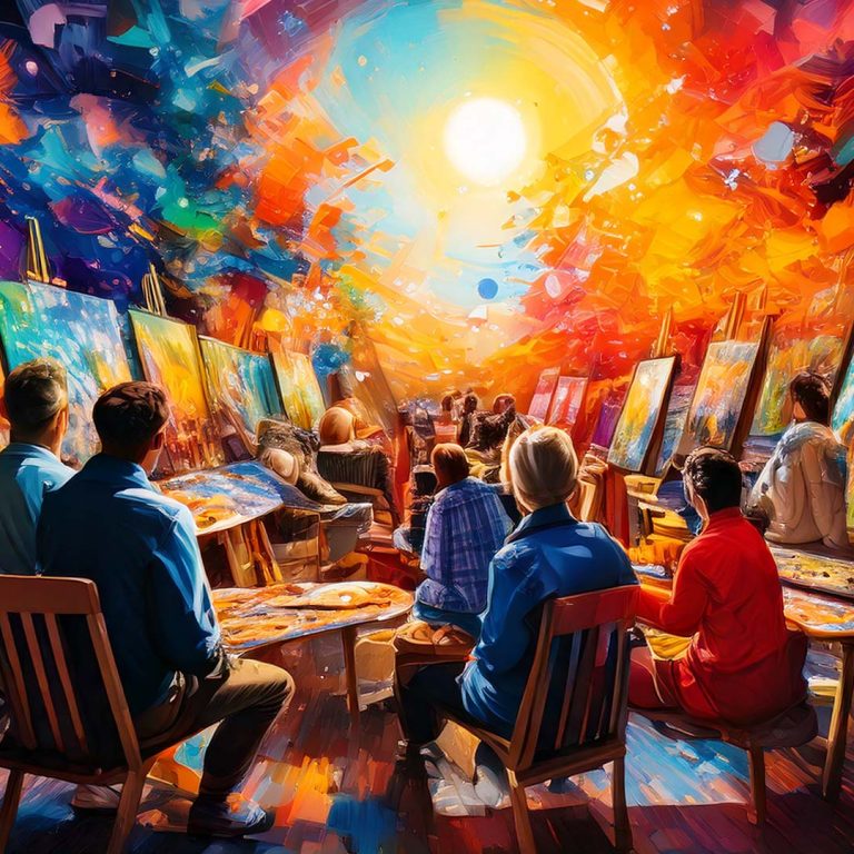 image of several artists ina studio with easels