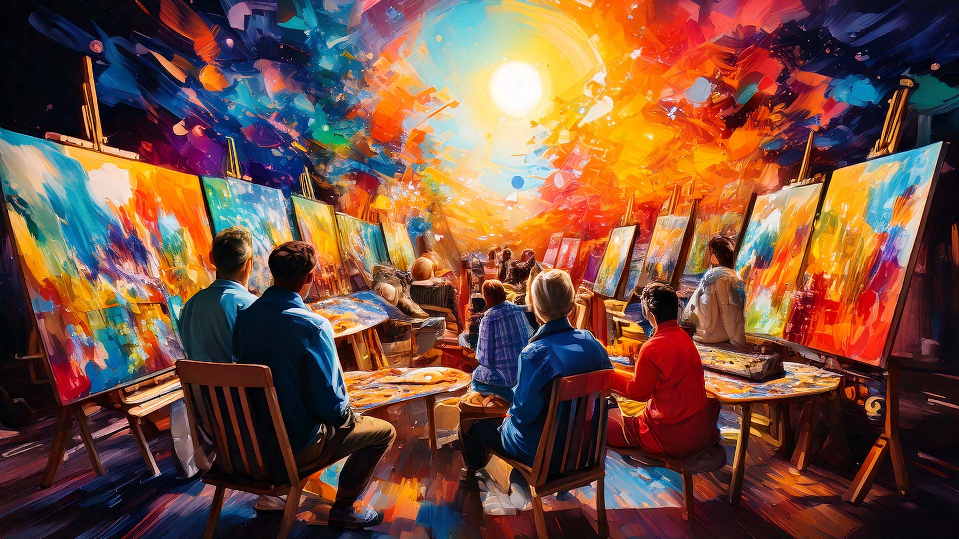 image of several artists ina studio with easels