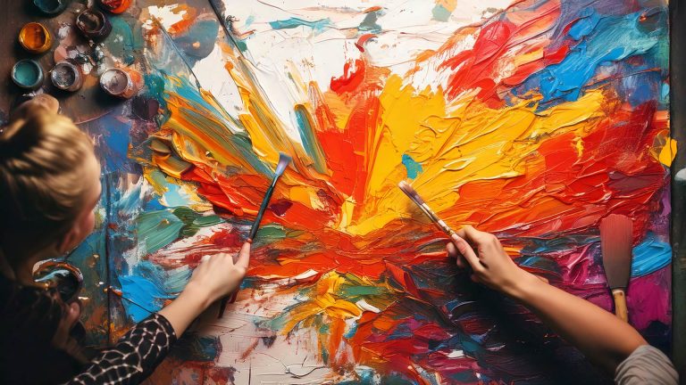 image of 2 artists collaborating on an oil painting