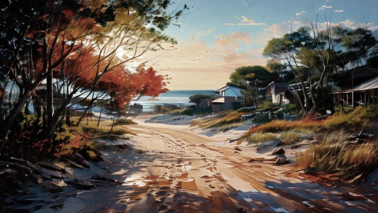 image of a sandy beach road with cottages