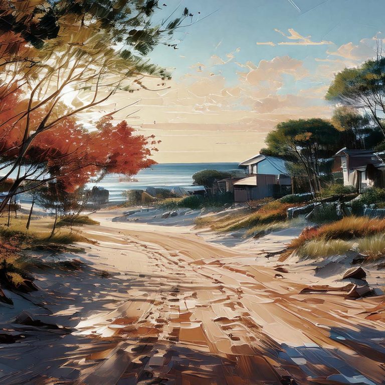 image of a sandy beach road with cottages