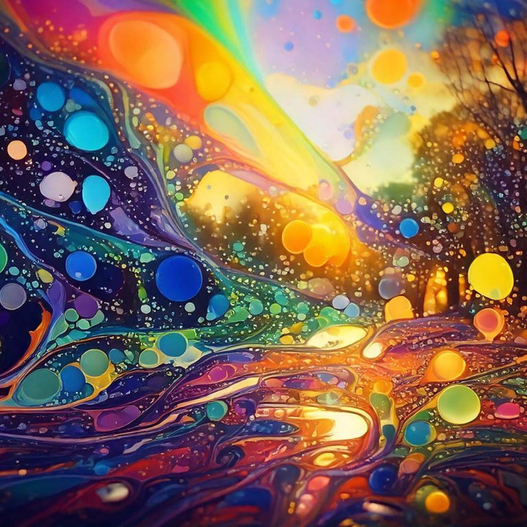 image of flowing, organic shapes in a cosmic theme. The image transitions from deep blues and purples on the left to warm oranges and yellows on the right, with countless colorful bubbles and orbs of varying sizes scattered throughout.