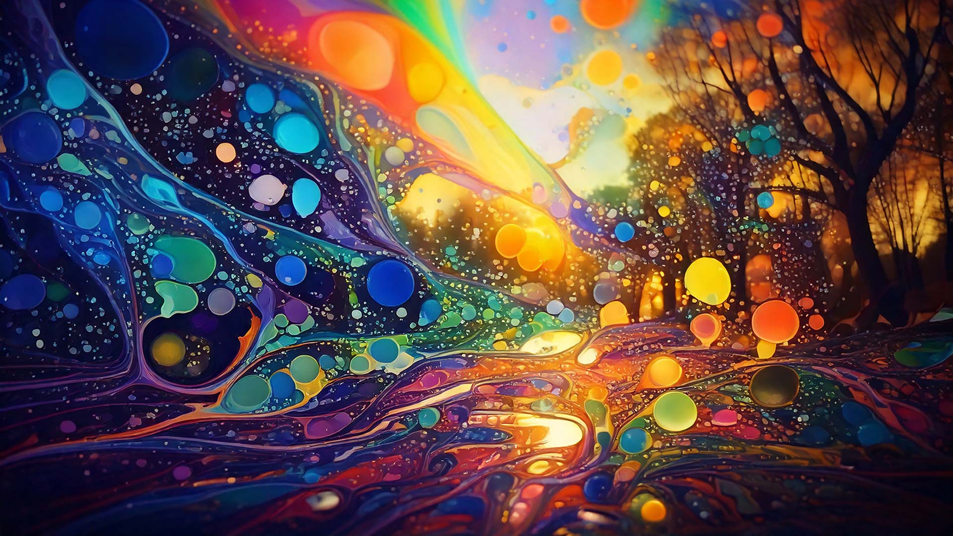 image of flowing, organic shapes in a cosmic theme. The image transitions from deep blues and purples on the left to warm oranges and yellows on the right, with countless colorful bubbles and orbs of varying sizes scattered throughout.