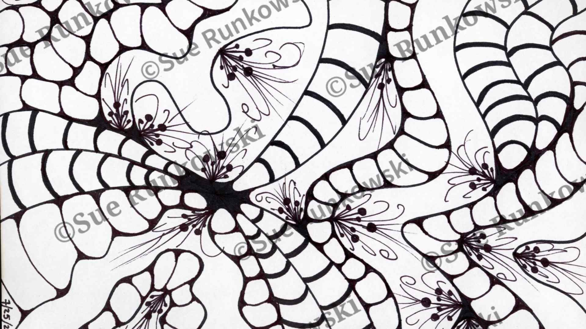 This is a black and white pen and ink drawing featuring an intricate abstract design with organic, flowing forms. The composition consists of curved, serpentine shapes that weave and intertwine across the image, creating a sense of movement and rhythm. These flowing bands are filled with various patterns including stripes, dots, and cellular or bubble-like textures. Delicate floral elements are scattered throughout, with simple line-drawn flowers that have radiating petals and visible stamens.