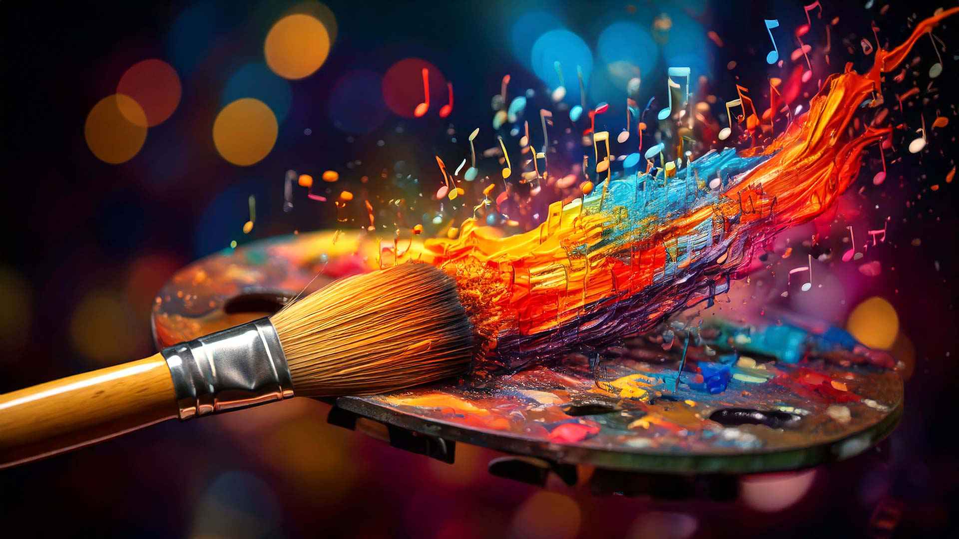 image of a paintbrush on an artist palette with musical notes floating up from the paletter