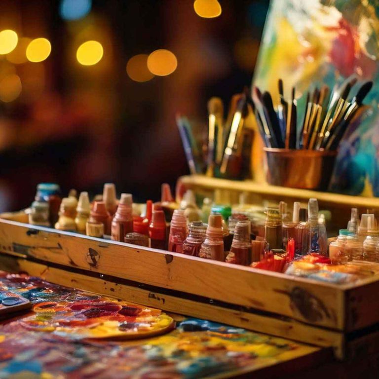 image of an artist paintbox with paint and brushes with a painting on an easel in the background