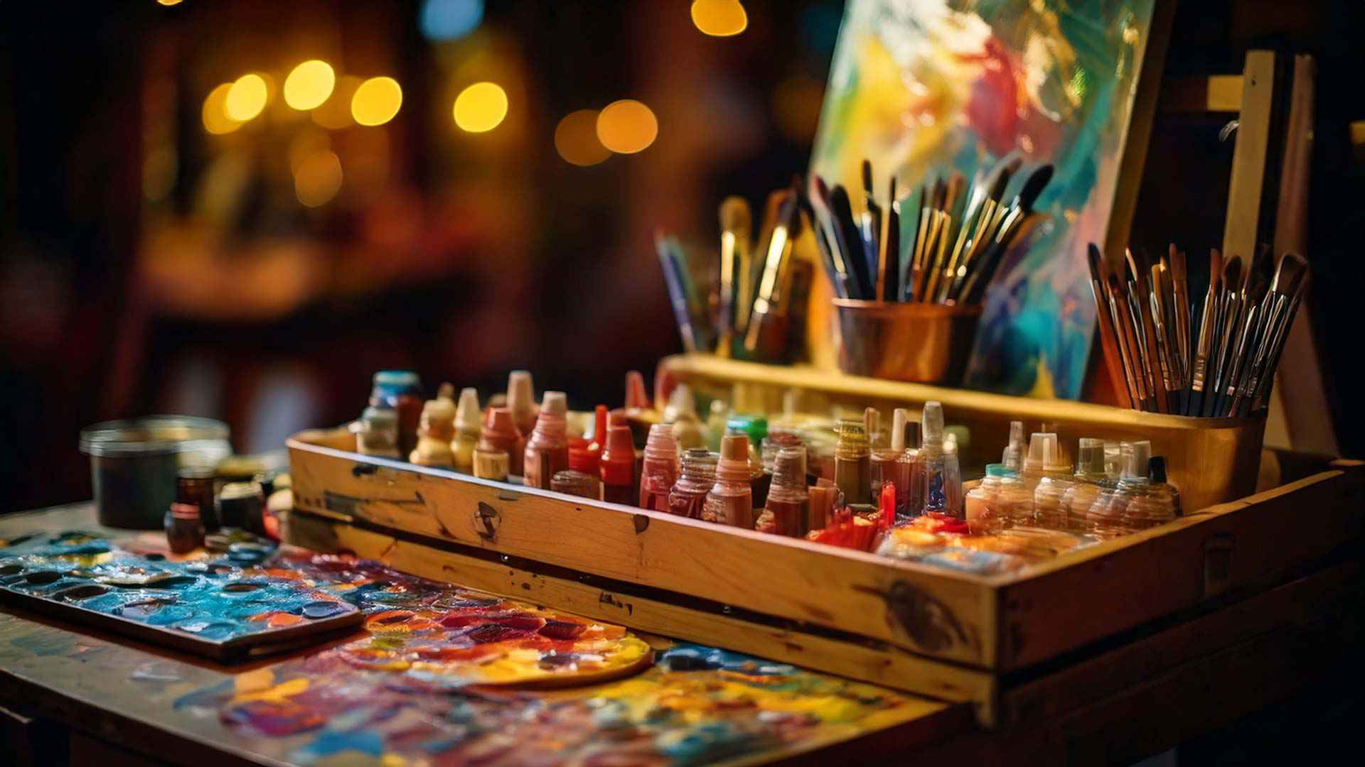 image of an artist paintbox with paint and brushes with a painting on an easel in the background
