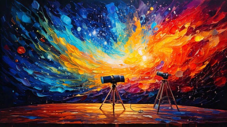 image of telescopes pointed at a dramatically painted night sky.