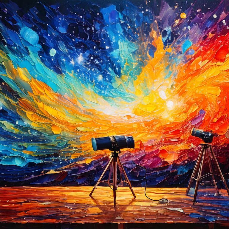 image of telescopes pointed at a dramatically painted night sky.