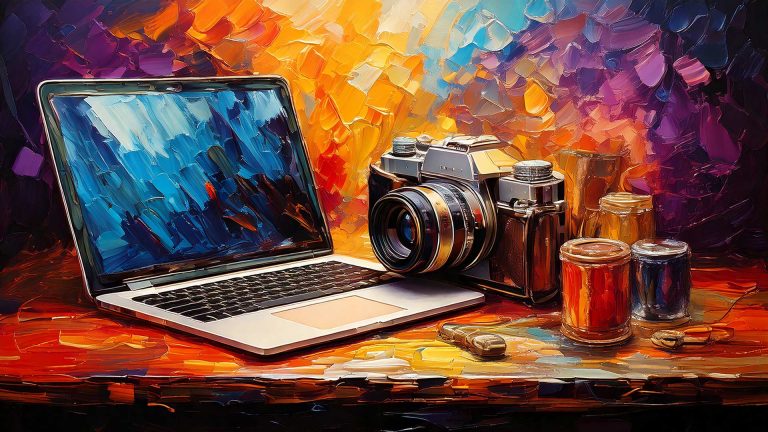image of a film camera with film canisters and a laptop computer as a painting with thick impasto paint