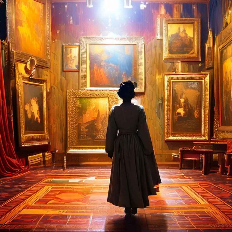 A woman in a long, dark dress stands in the center of an ornate gallery, facing a wall filled with large, golden-framed paintings glowing in warm light. Rich red and teal curtains drape along the sides, and the polished, patterned wooden floor reflects the scene, creating an atmosphere of grandeur and contemplation.