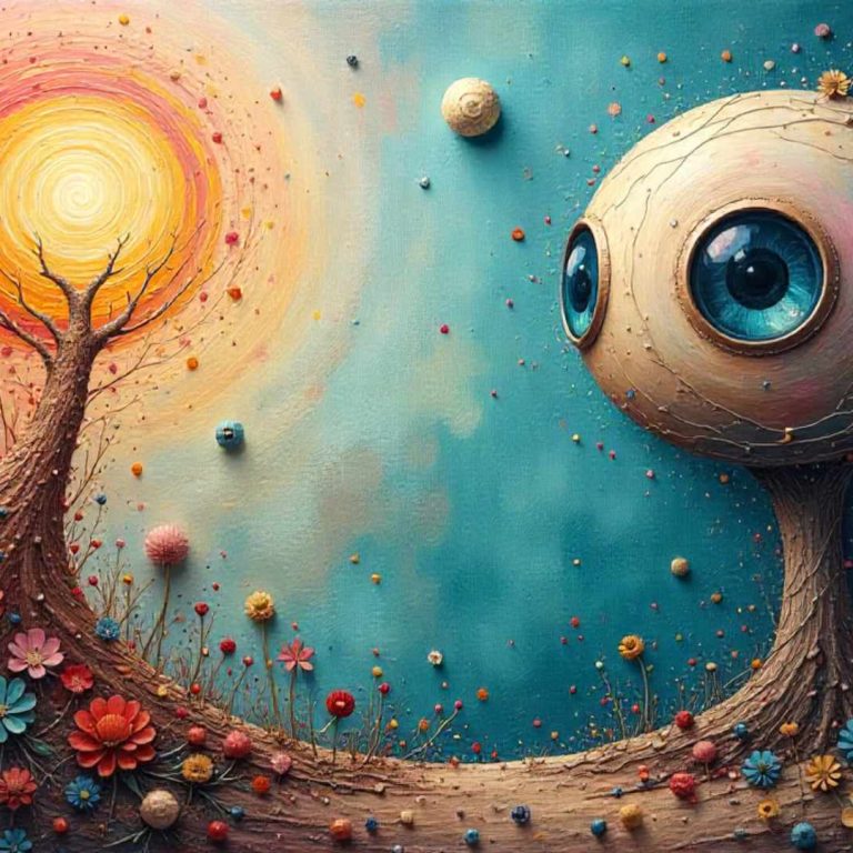 Surreal digital artwork depicting a fantastical landscape where a large eye-shaped structure with a blue iris grows from a tree-like base on the right, gazing toward a glowing sun on the left. The scene is filled with colorful flowers, orbs, and roots blending into a textured ground under a gradient sky that shifts from pink to teal. The image evokes a dreamlike sense of connection between nature, vision, and cosmic energy.