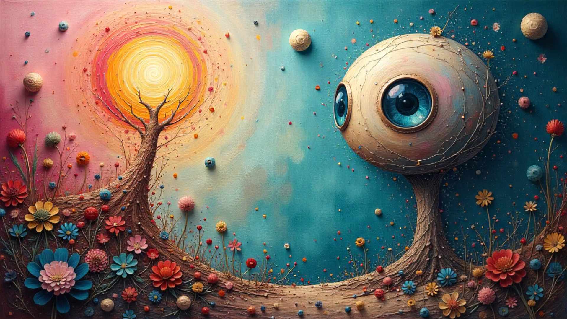 Surreal digital artwork depicting a fantastical landscape where a large eye-shaped structure with a blue iris grows from a tree-like base on the right, gazing toward a glowing sun on the left. The scene is filled with colorful flowers, orbs, and roots blending into a textured ground under a gradient sky that shifts from pink to teal. The image evokes a dreamlike sense of connection between nature, vision, and cosmic energy.