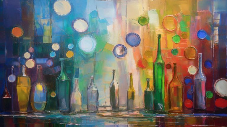 Abstract painting featuring a row of glass bottles in varying shapes and sizes against a vibrant, multicolored background. The composition transitions from cool blues and greens on the left to warm oranges, reds, and yellows on the right. Soft circular forms float across the canvas, suggesting lights or reflections, while bold brushstrokes and layered textures create a sense of rhythm and depth. The scene feels both still and dynamic, blending order with fluid motion.