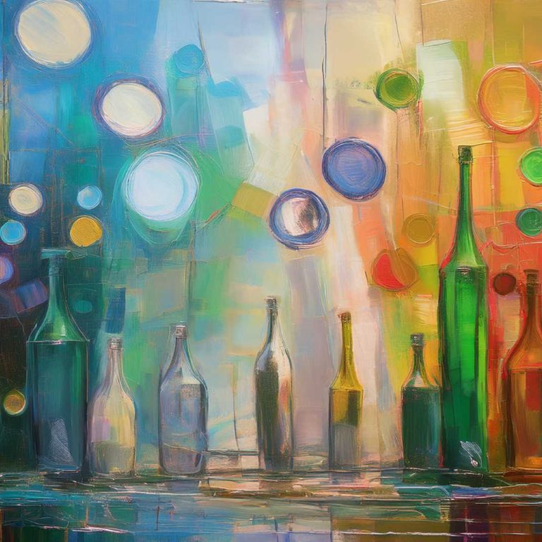 Abstract painting featuring a row of glass bottles in varying shapes and sizes against a vibrant, multicolored background. The composition transitions from cool blues and greens on the left to warm oranges, reds, and yellows on the right. Soft circular forms float across the canvas, suggesting lights or reflections, while bold brushstrokes and layered textures create a sense of rhythm and depth. The scene feels both still and dynamic, blending order with fluid motion.