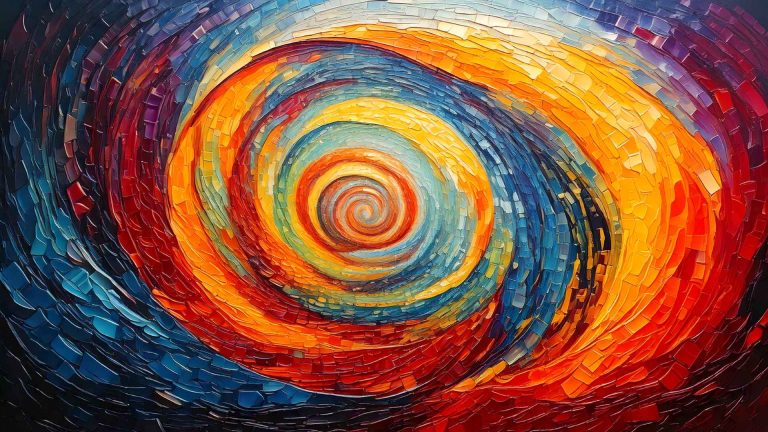 A vibrant abstract artwork featuring a swirling vortex of mosaic-like shapes in bold colors. Concentric spirals of red, orange, yellow, and blue tiles create a dynamic sense of motion, drawing the eye toward the bright central whirl. The layered, textured pieces give the image depth and energy, resembling a radiant spiral or cosmic storm.