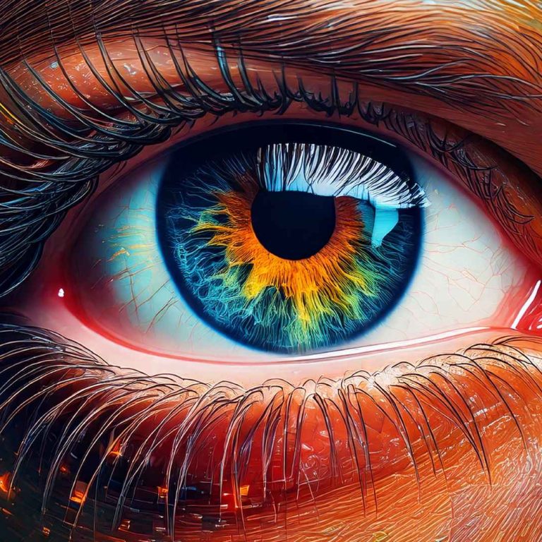 A highly detailed close-up of a human eye with vibrant blue, green, and orange hues in the iris, illuminated with glowing, electric-like textures, blending organic and digital elements to evoke a sense of technology and wonder.