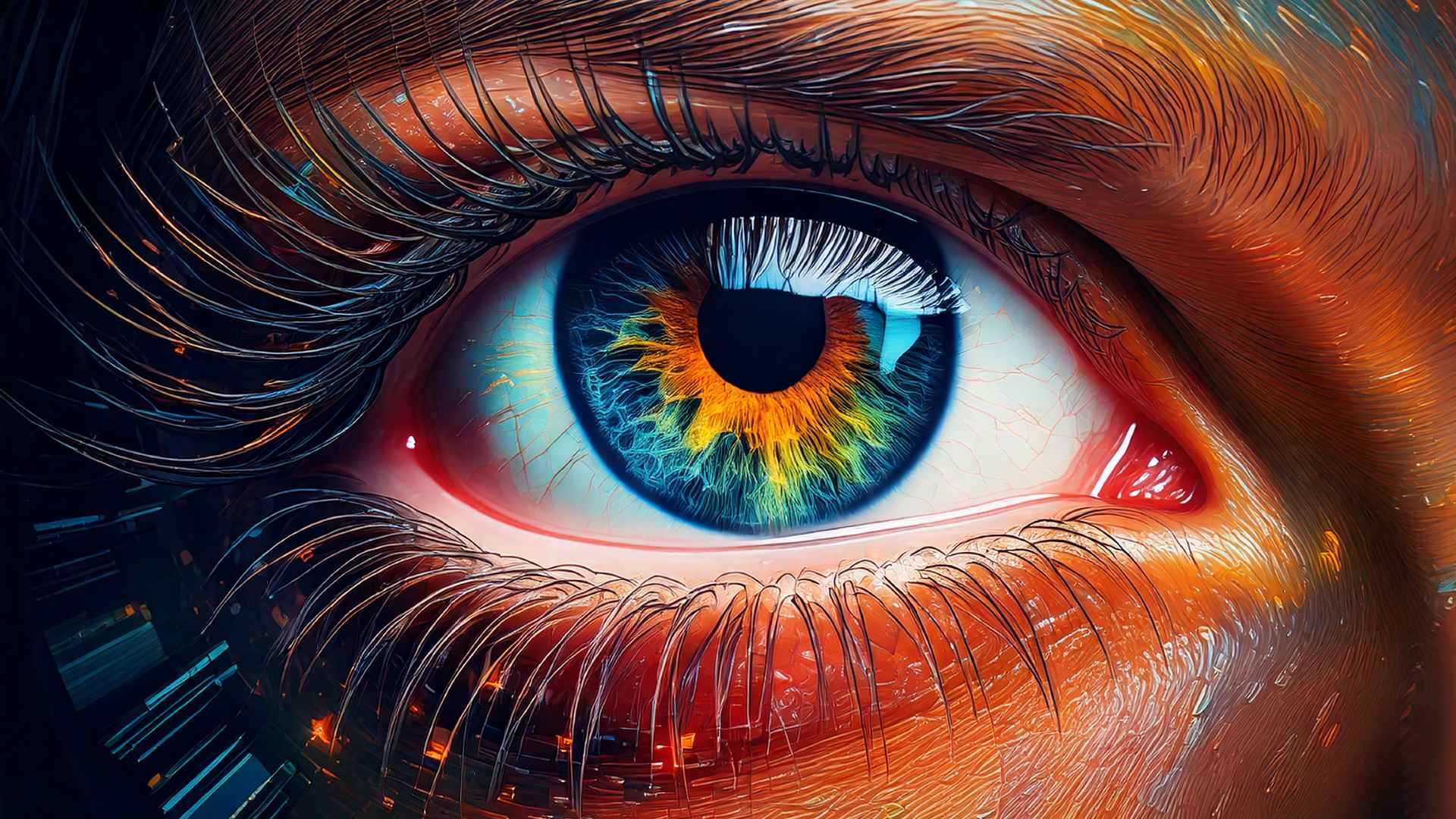 A highly detailed close-up of a human eye with vibrant blue, green, and orange hues in the iris, illuminated with glowing, electric-like textures, blending organic and digital elements to evoke a sense of technology and wonder.