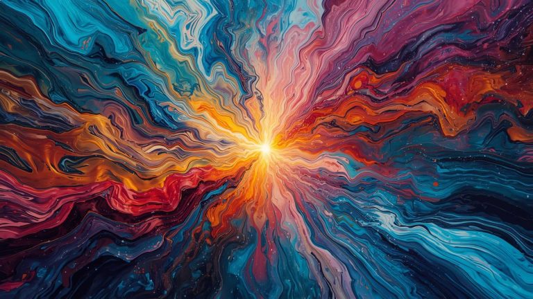 Abstract painting depicting a radiant burst of light at the center, with swirling ribbons of color—deep blues, fiery oranges, reds, and purples—flowing outward in dynamic, wave-like patterns. The image evokes a sense of energy, transformation, and creative fusion.