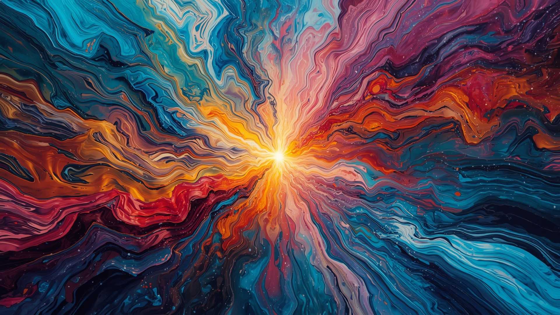 Abstract painting depicting a radiant burst of light at the center, with swirling ribbons of color—deep blues, fiery oranges, reds, and purples—flowing outward in dynamic, wave-like patterns. The image evokes a sense of energy, transformation, and creative fusion.